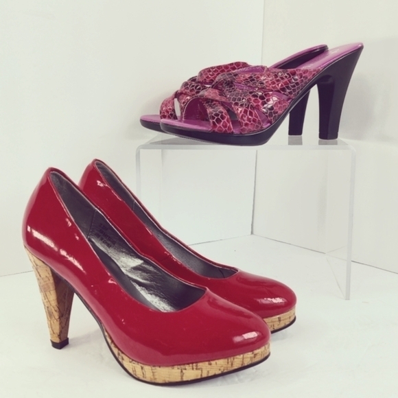 TWO Pairs Cinderella of Boston Heels Size 3.5 Patent Red/Cork & Cobra Pink Slide - Picture 1 of 16